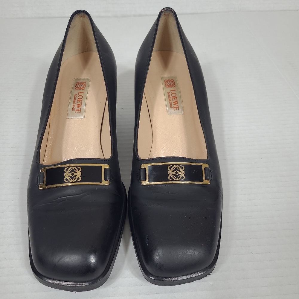 Vintage LOEWE Monogram Block Heel Women Sz 38 Pumps‎ Loafer Heels sz 8